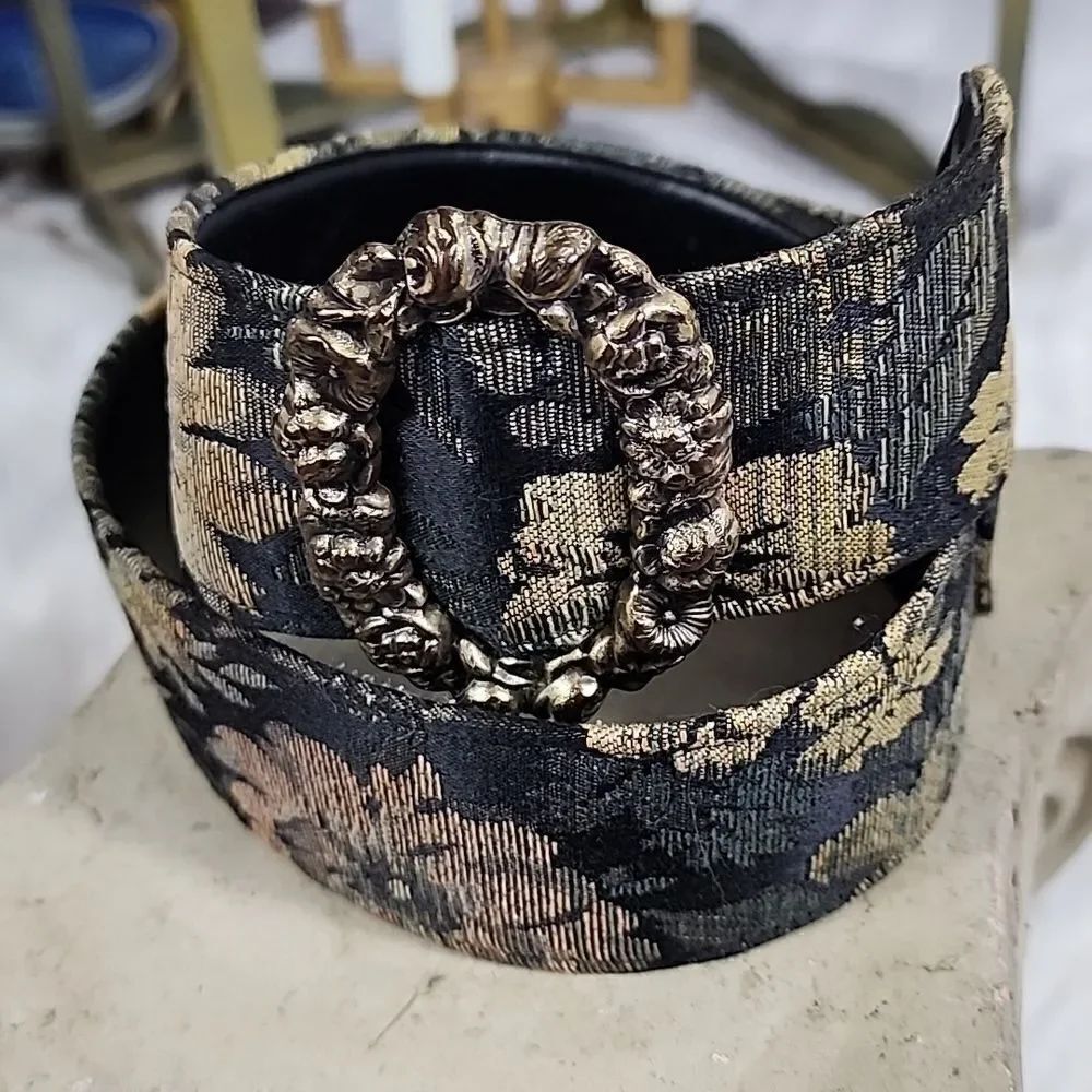 Vintage ECHO Floral Tapestry Belt with Brass Tone Floral Buckle